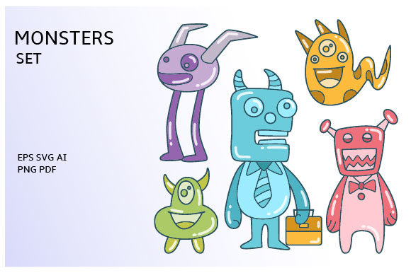 Doodle and Funny Monster Characters Set: Graphics & Illustrations for Crafters